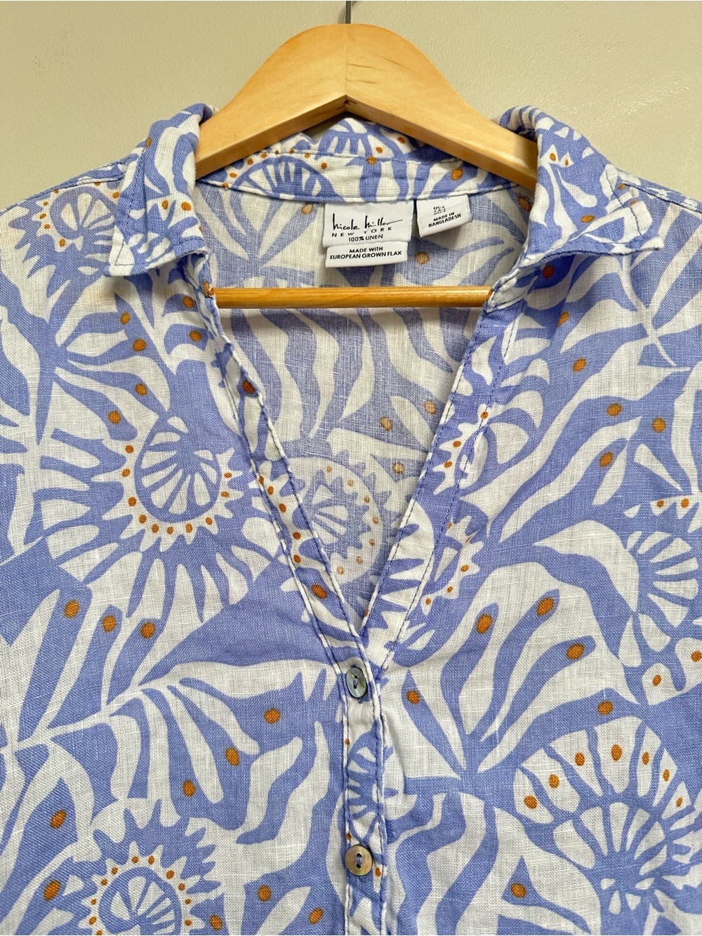 Nicole Miller 100% Linen Long Sleeve Shell Pattern Printed Blouse Women’s Large - Picture 3 of 12